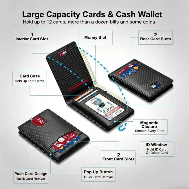 Men's RFID Blocking Wallet Slim Pop-Up Credit Card Holder Carbon Fiber Pattern Business Purse Minimalist Card Wallet for Men