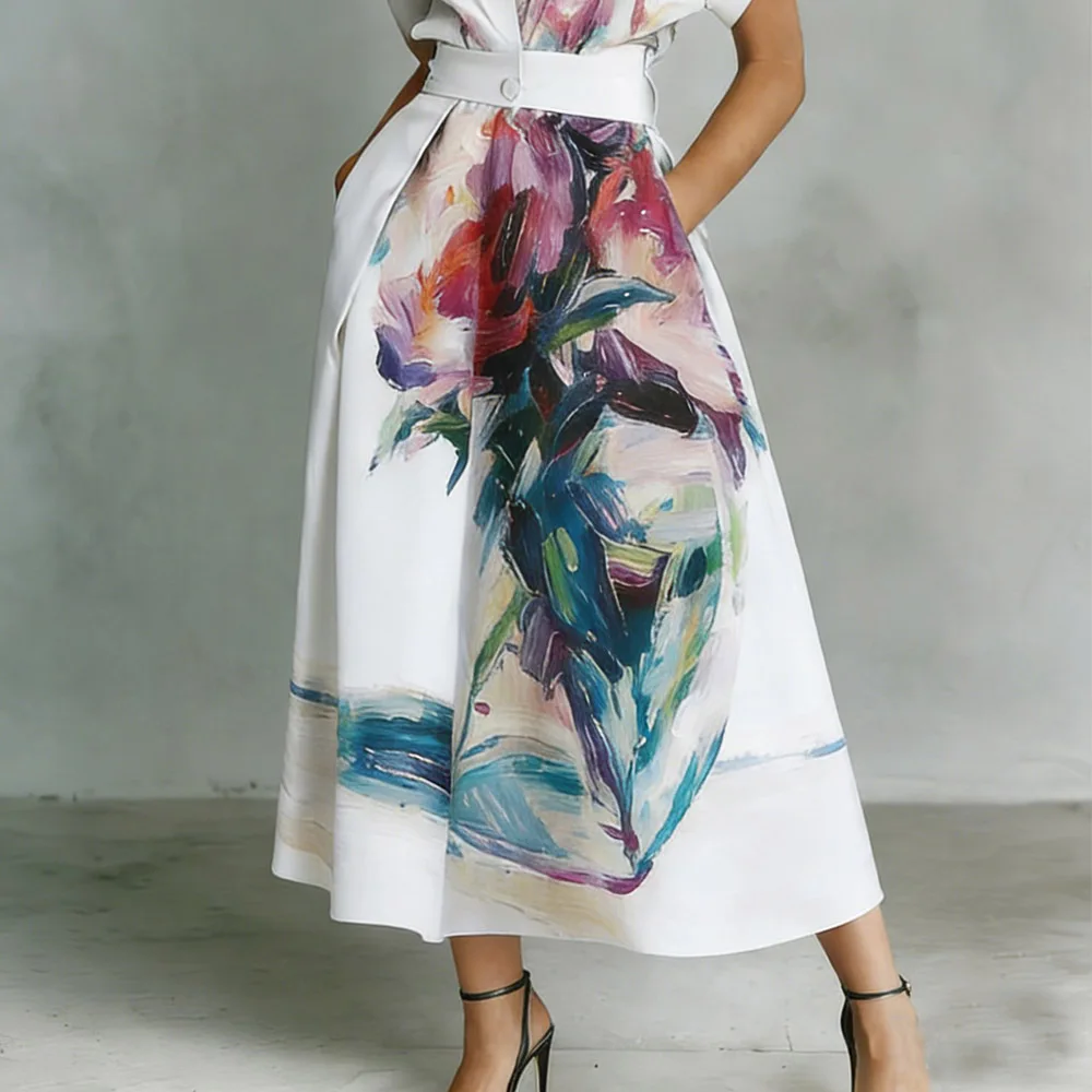 Blumendruck Maxikleid Damen Sommer Kurzarm Umlegekragen Urlaub Partykleid Knopfleiste Patchwork High-Street Damenkleid