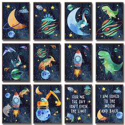 Dinosaurs in Outer Space Astronauts Cartoon Posters Prints Canvas Printing Wall Art Picture for Nursery Kids Boys Room Decor