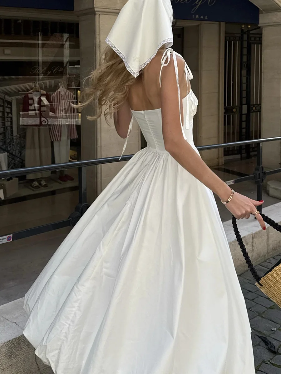 "Pure cotton camisole balloon sleeve sleeveless dress summer waist-binding bubble big-flared skirt white women's clothing"