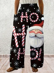 Women Plus Size 1XL-5XL Fashion Casual Loose Christmas Printing Long Wide Leg Yoga Pants Pocket Lounge Pants Pajama Pants