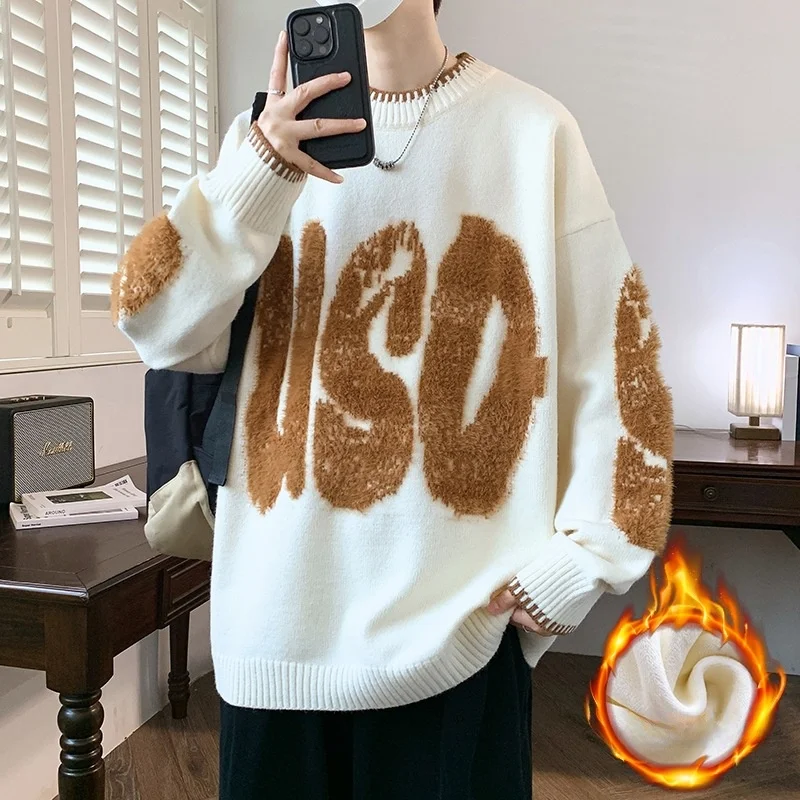 

Men's Knitted Fce Lined Sweater Winter Thi Long Sve round Ne Base Layer irt Casual Comfortable Modal Rabbit Fur