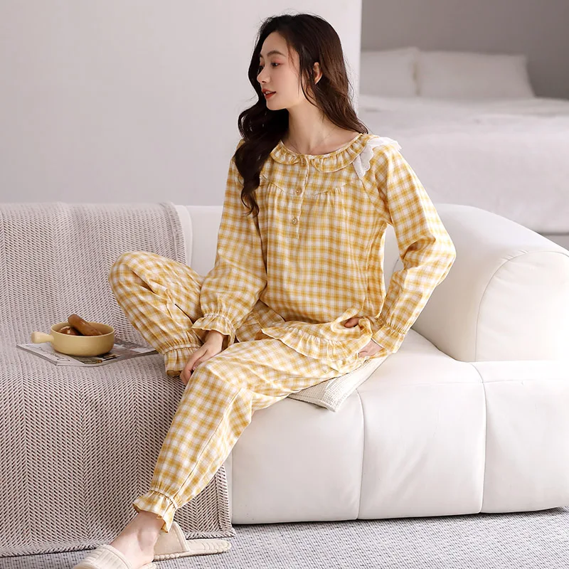 casual tracksuit plaid print pajama sets women full pure cotton long sleeve woven sleepwear spring women pyjama pijamas mujer