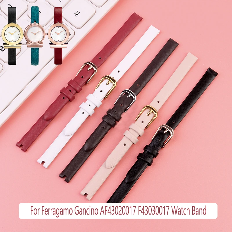 

8mm Cowhide Red White Watch Strap For Ferragamo GANCINO AF43020017 F4303017 Women's Notch High-quality Leather Watchband Black