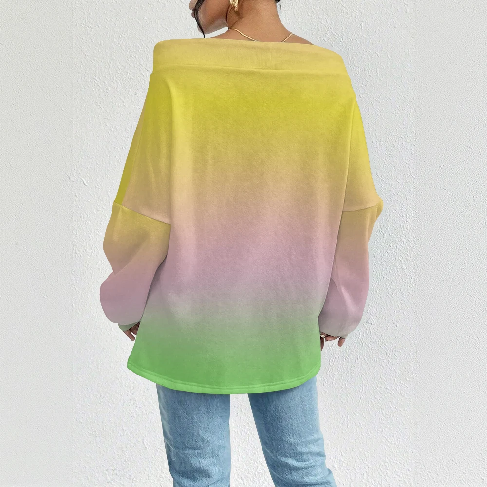 Rainbow Gradient Off-Shoulder Printed Sweatshirt Casual Oversized Comfortable Pullover Loose Fit Y2K Fashion Long Sleeve Top