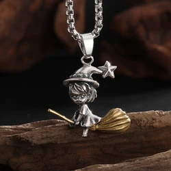 Exquisite Witch Broom Necklace Cute Magic Girl Pendant Men Women Rock Party Trendy Jewelry Halloween Gift