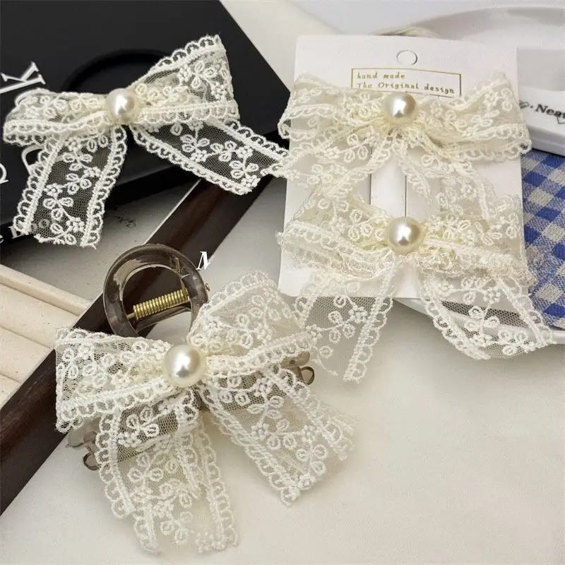 

Summer Lace Pearl Bow Hairpin White Hair Rope بنات صغار حلوات Accesorios Para El Cabello Hairbows for Girls Hair Clip