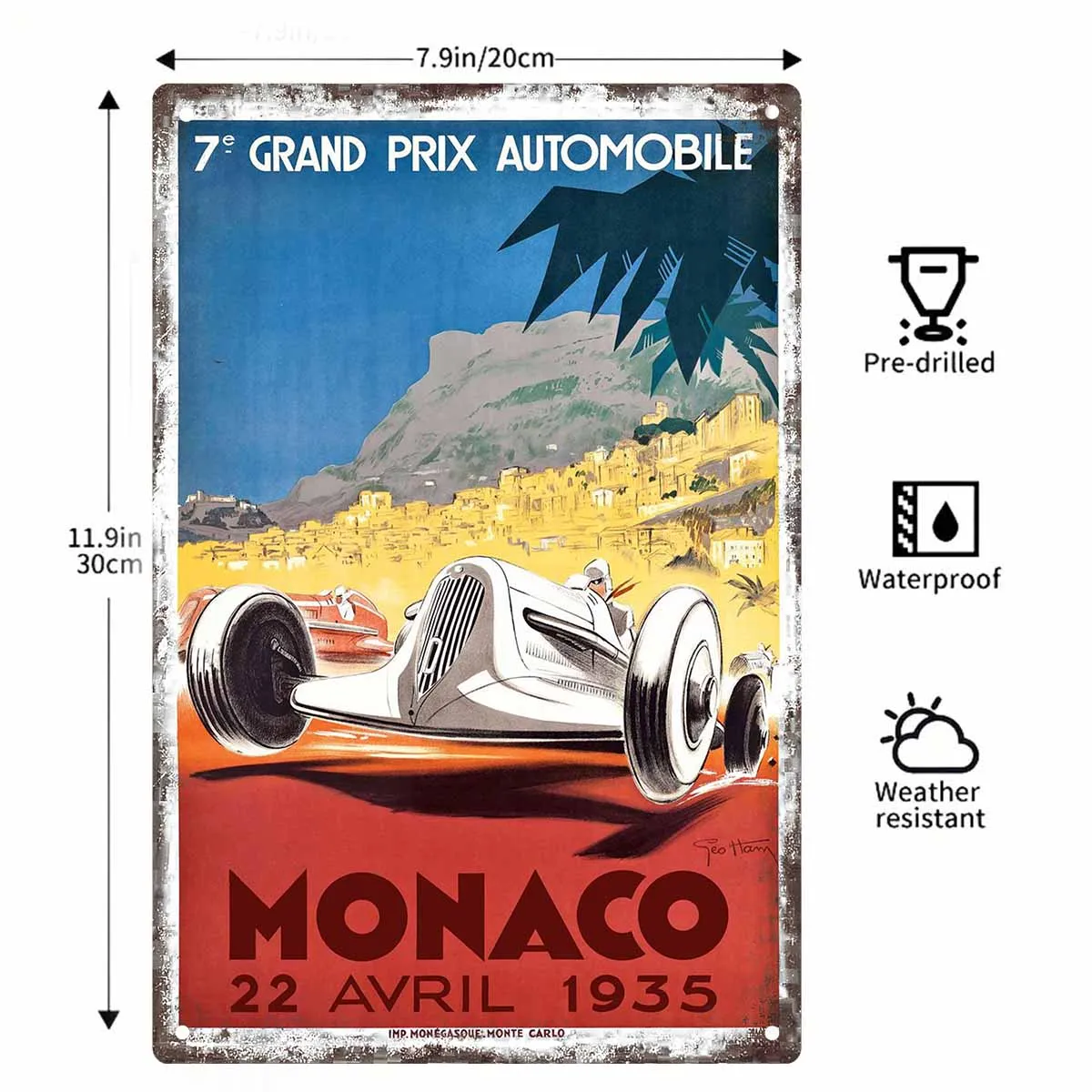 2D FLAT 1pc Vintage Monaco 1935 Grand Prix Automobile Racing Poster Metal Wall Sign Decoration for Home Garage Porch And Garden