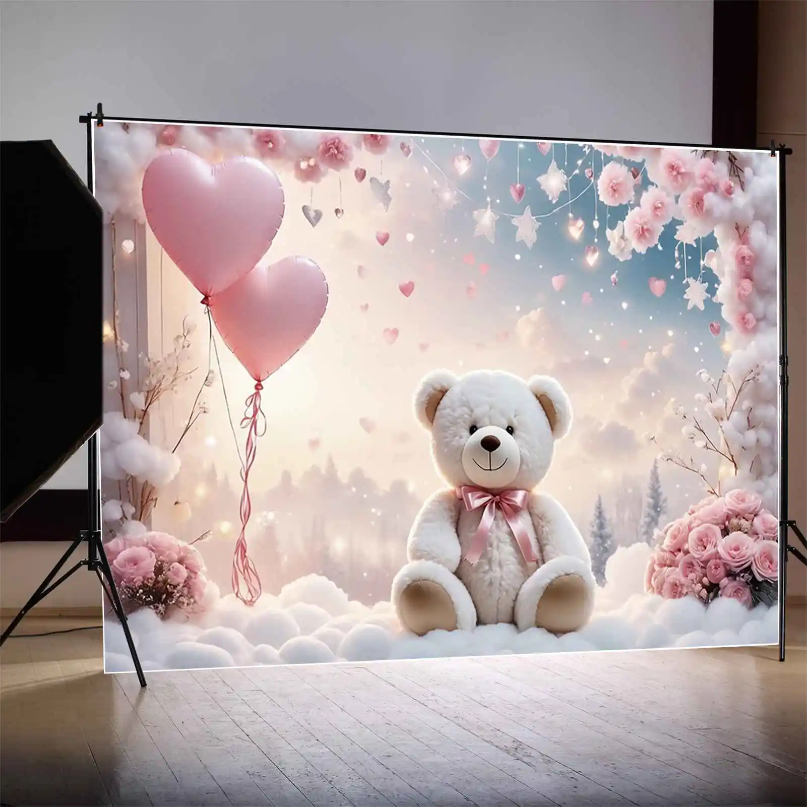 Mond. qg Blume Schneeflocke ein Geburtstag Hintergründe Kinder Stern Ballon Teddybär Kulissen Party Dekoration Fototermin Requisiten