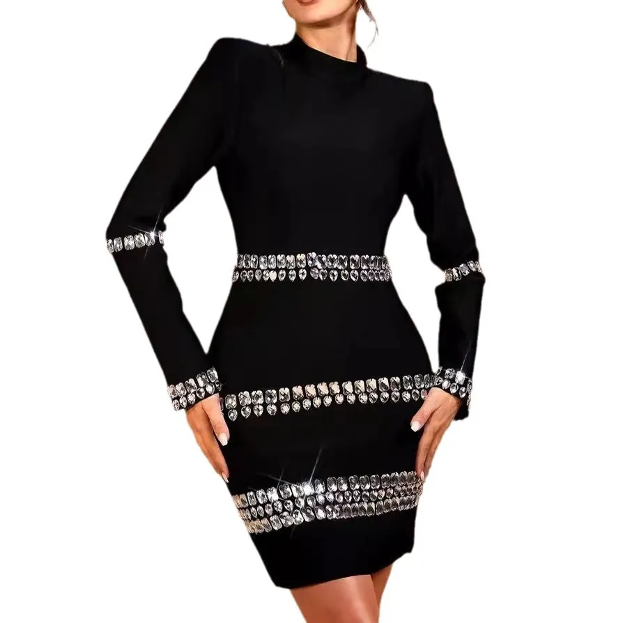 

2024 New Arrival Black Color Women Long Sleeve Sexy Crystal Shinning Bodycon Bandage Mini Dress Elegant Evening Party Outfit