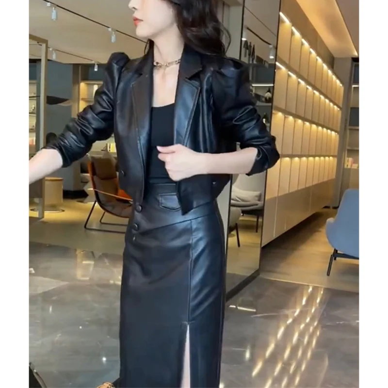 Autumn Winter PU Leather Casual Fashion Long Sleeve Coat High Waist Slim Bodycon Slit Skirt Set Women Elegant Jacket Skirt Suit