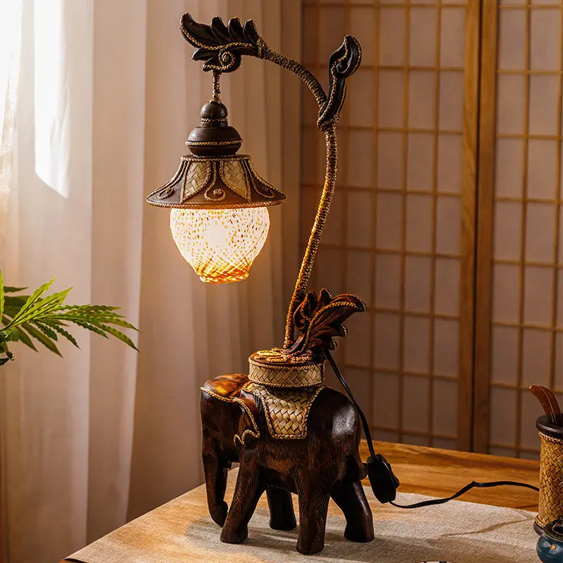 Southeast Asian Elephant Sculpture Table Lamp Retro Hand Carved Wood Rattan Glass Shade Led Bedside Teahouse Bedroom Night Light