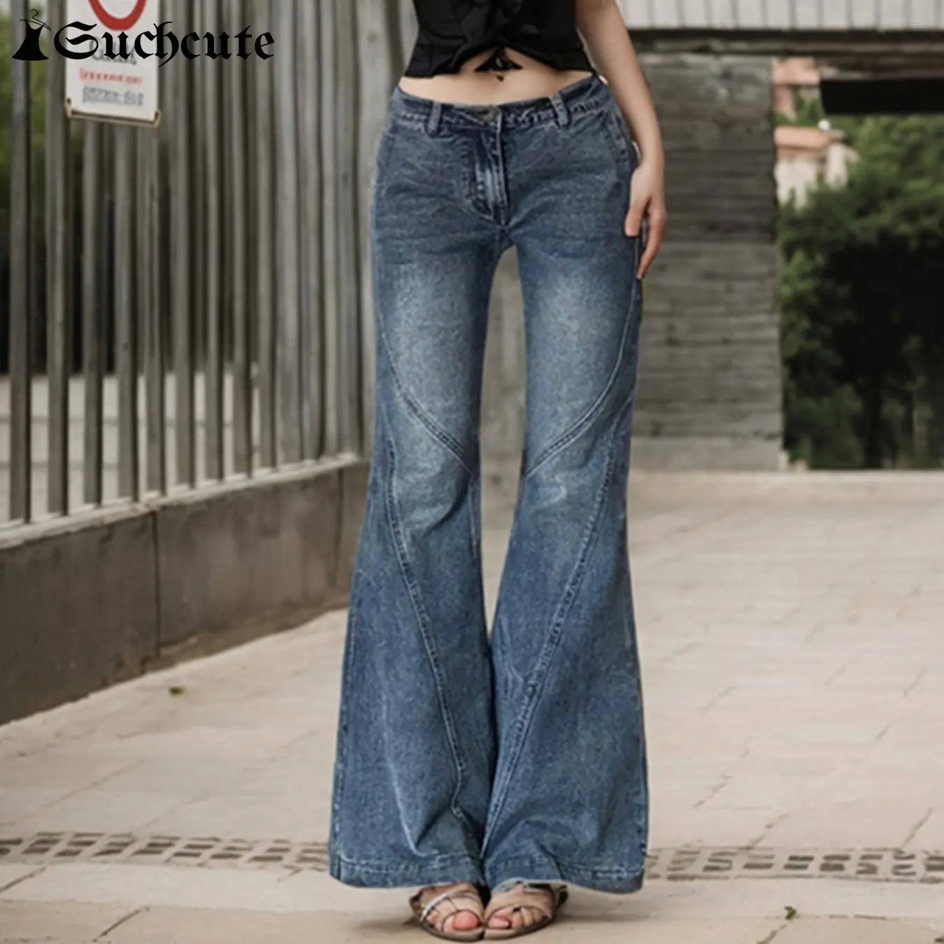 SUCHCUTE Causal Low Rise Wash Skinny Slim Flare Jeans Women All-Match Denim Pants Streetwear Pockets Straight Trousers 2025 New