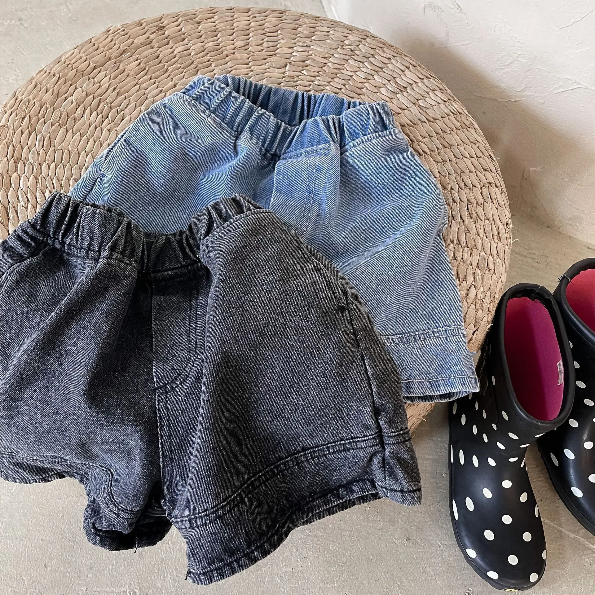 2026 Baby Summer Denim Shorts Boys and Girls Patched Solid Color Short Pants for Kids Toddlers Korean Pants