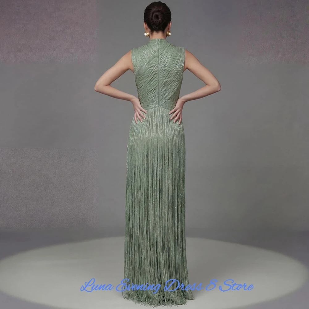 Modern Green Jersey Evening Dress Classic High Collar Sleeveless Customized Party Dresses Fashion Tassel Special Occasion Gowns image 2