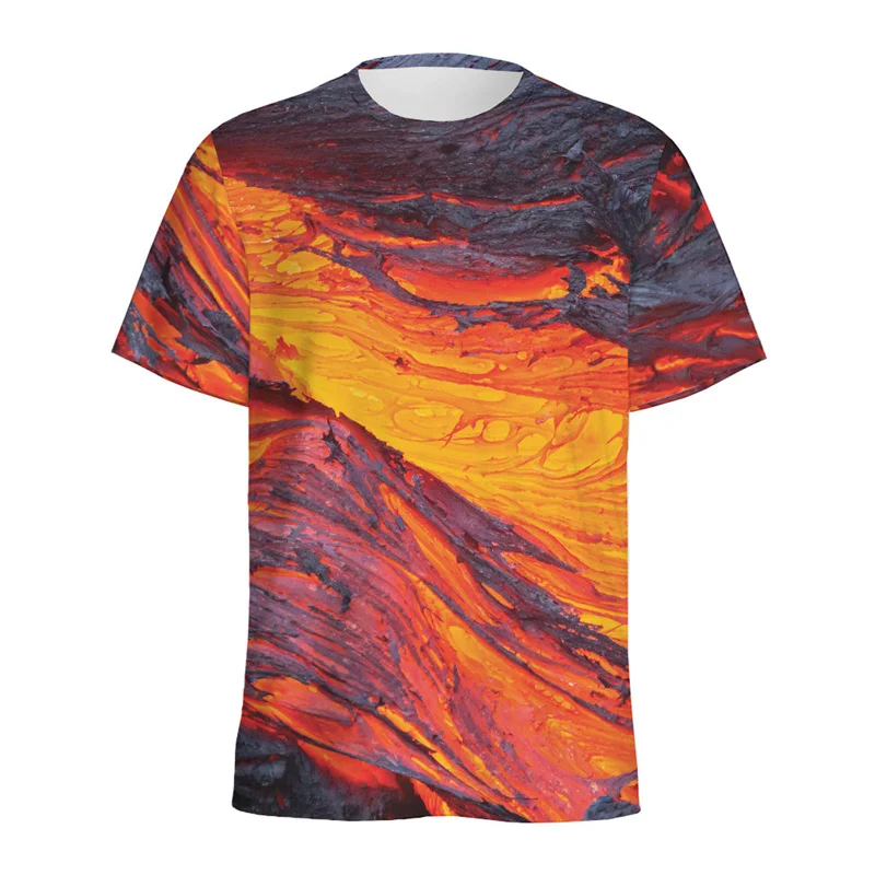 Colorful Lava Erupting Pattern T-shirt For Men Fashion Crew Neck Short Sleeves 3D Printed Volcano T Shirts Summer Kids Tees Tops