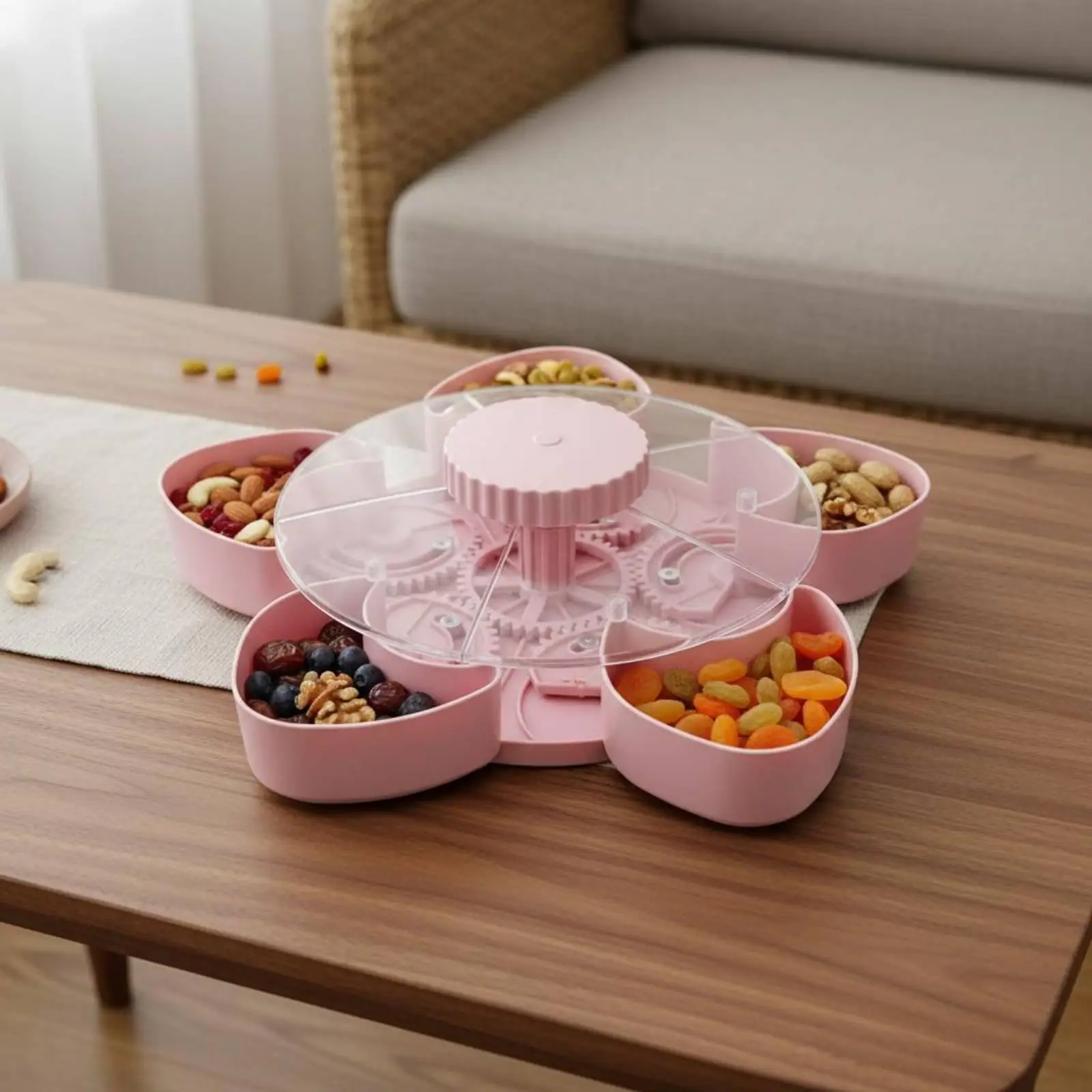 Rotating snack tray with lid, space-saving, extendable for living room