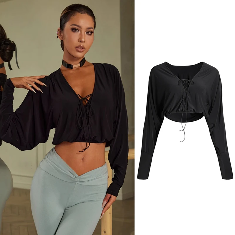 Black Long Sleeves Latin Dance Top Sexy Dee V Latin Tops Women Performance Ballroom Dancing Wear Adults Training Wear SL9446