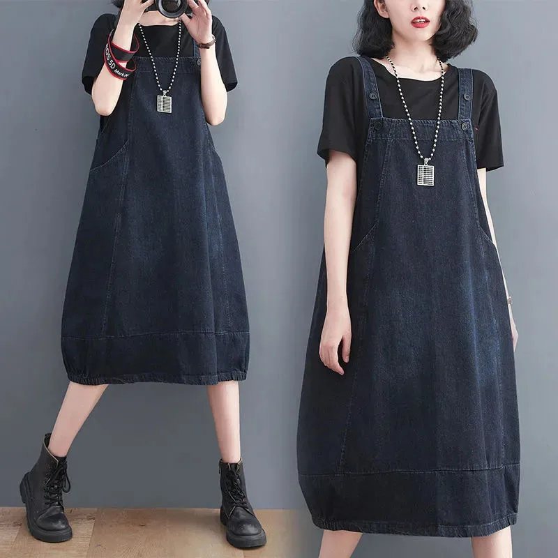 Oversized Women's Loose Denim Suspenders Dress Spring Summer New Halter Dresses Female Korean Sleeveless Pullover Denim Dresses