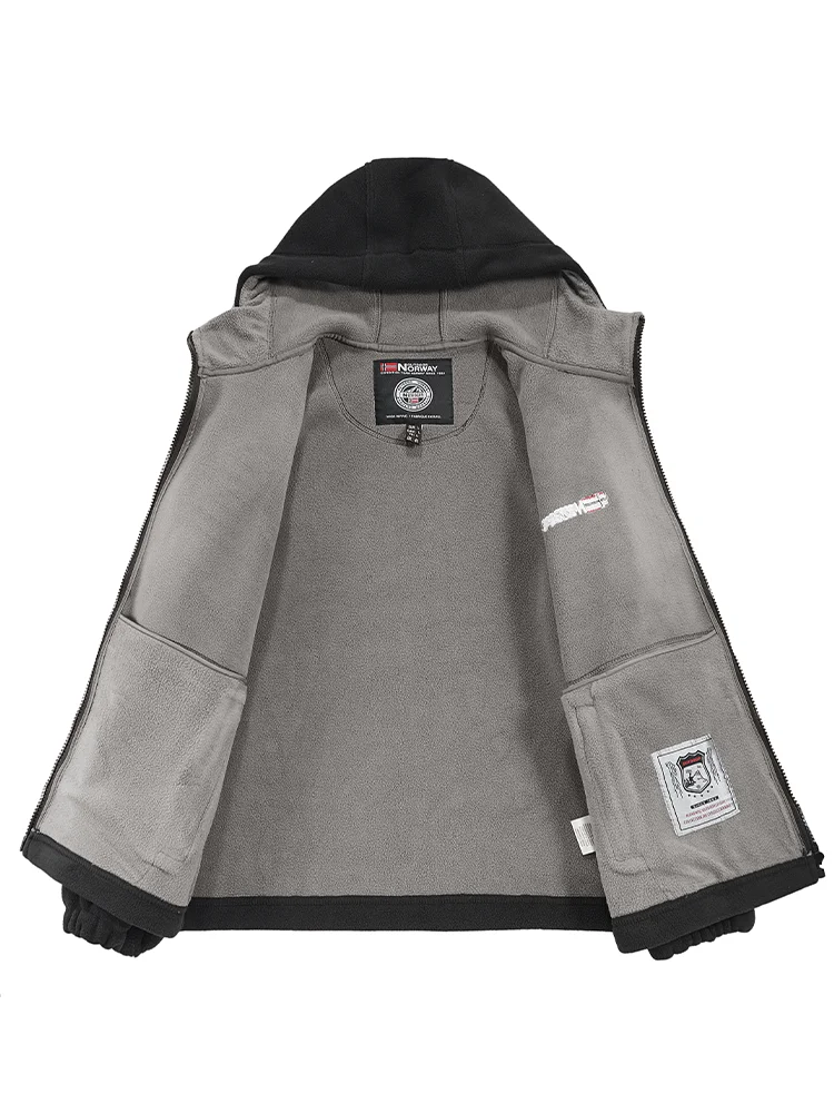 سحاب من الصوف الأسود - سترة بغطاء للرأس مع علم نرويجي وتطريز "نرويج الخارجية".