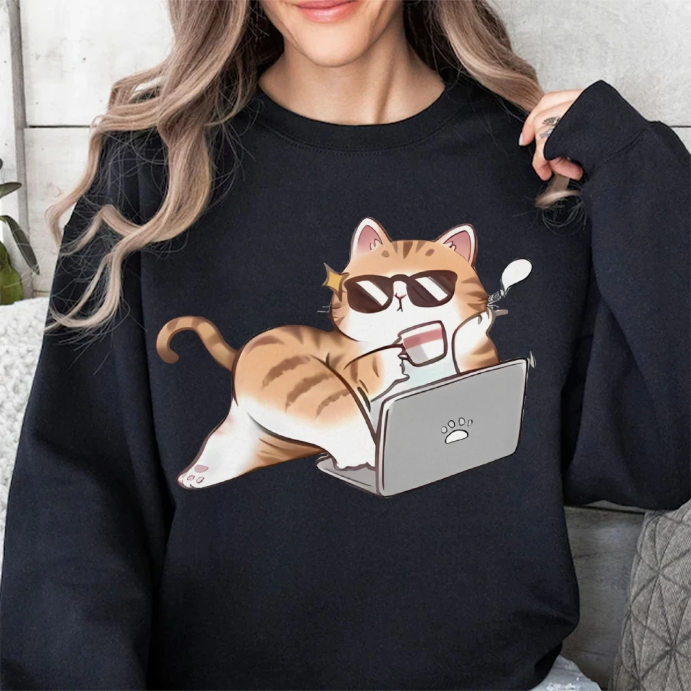 Trabalhando ocupado elegante gato sweatshirts feminino casual crewneck manga longa hoodies solto confortável moda outono feminino topos