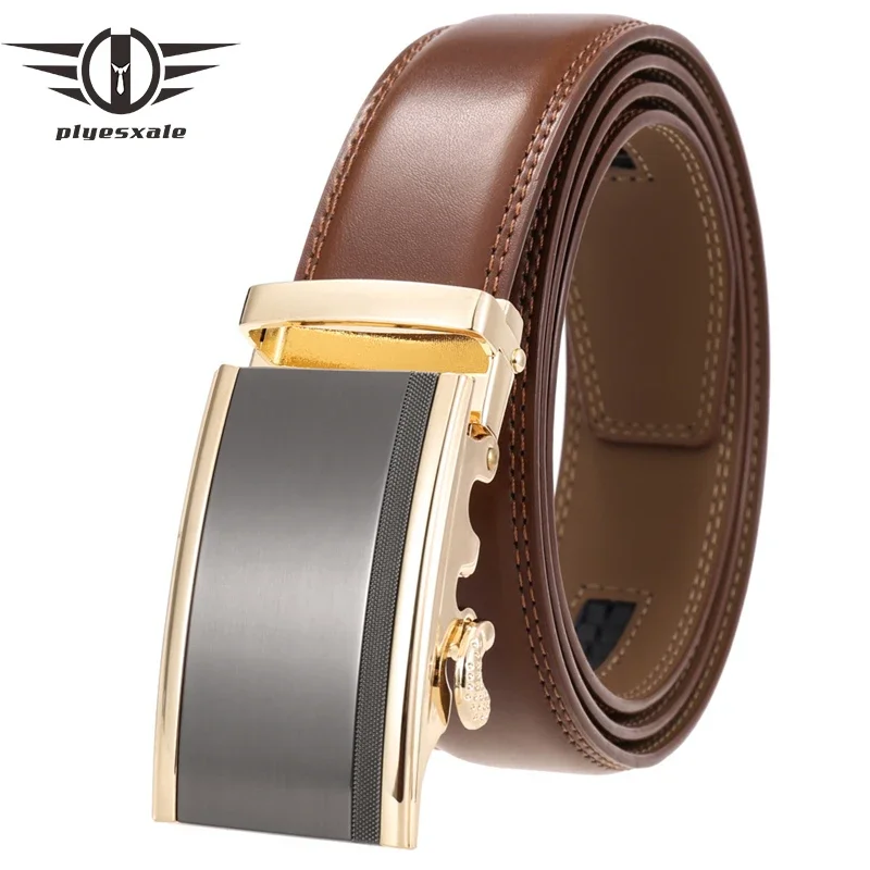 

Plyesxale Luxury 35mm Width Automatic Ratchet Buckle Belts for Men Designer Black Dark Brown Cow Leather Waist Straps Male G378