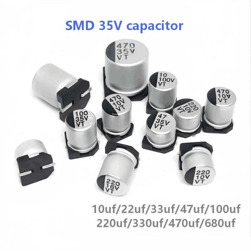 

100pcs/lot SMD aluminum electrolytic capacitor, chip capacitor 35V 10UF/22/33/47/100/220/330/470/680UF, high quality