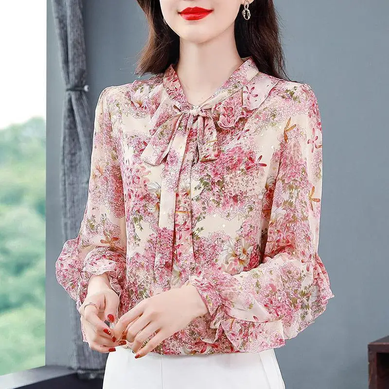 Floral Chiffon Shirt Women's Spring Summer New Korean Bow Tie Blouse Loose Tops Shirts Blusas Mujer 5XL