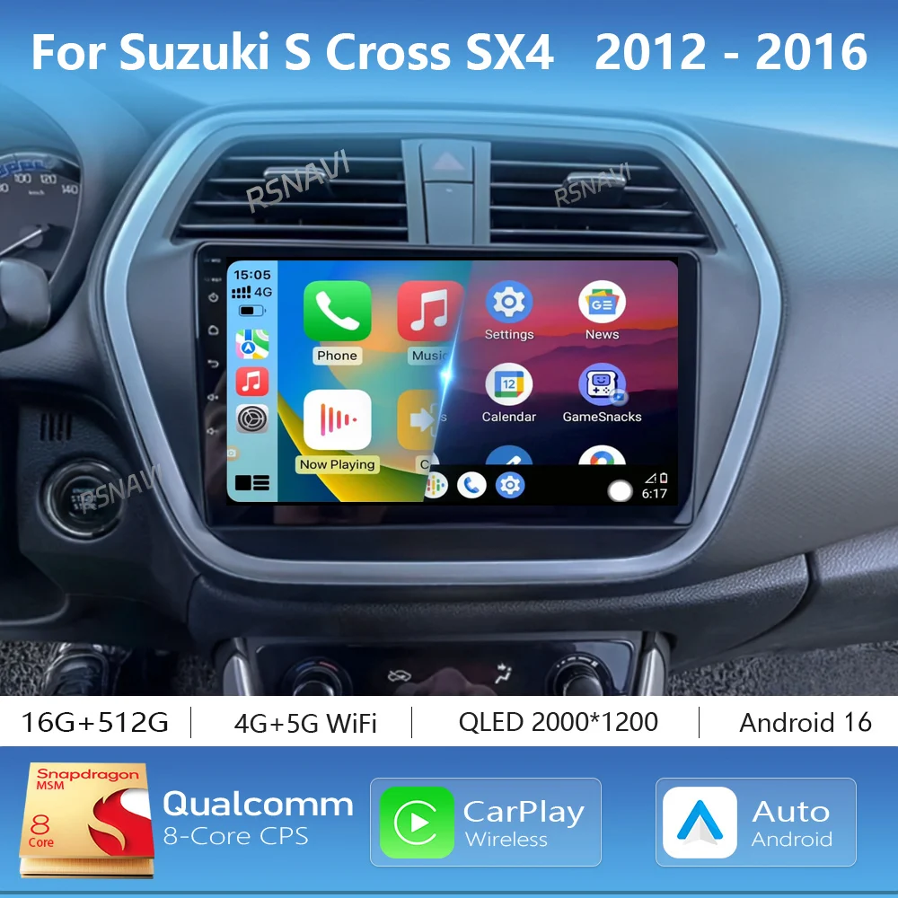 Android 16 Carplay Auto 2K Screen Car Radio Multimedia Player For Suzuki S Cross SX4 2012 - 2016 Autoradio GPS Stereo Head Unit