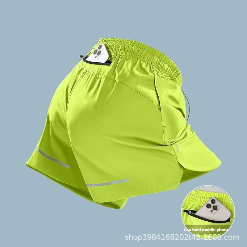 Mens Ice Silk Running Shorts Quick Dry Marathon Three Quarter Length With Phone Pocket Summer Professional Sports Shorts