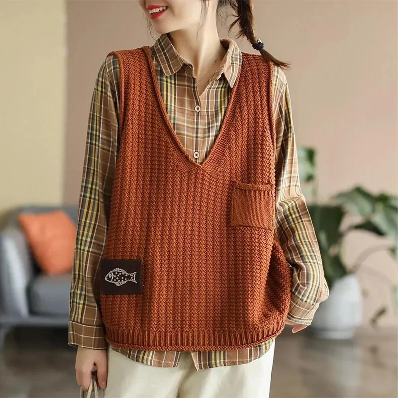 

2024 Women Vintage Knitted Sleeveless Sweaters Vest Spring Autumn Fashion Loose Pullover V-Neck Korean Oversized Casual Tops