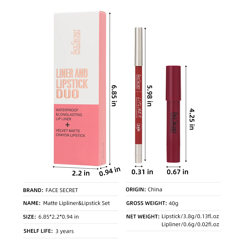 Face Secret Matte Lipstick & lip Liner Set 7 colori Waterproof Lip Liner High Pigmented Slim Long Lasting Lip Gloss
