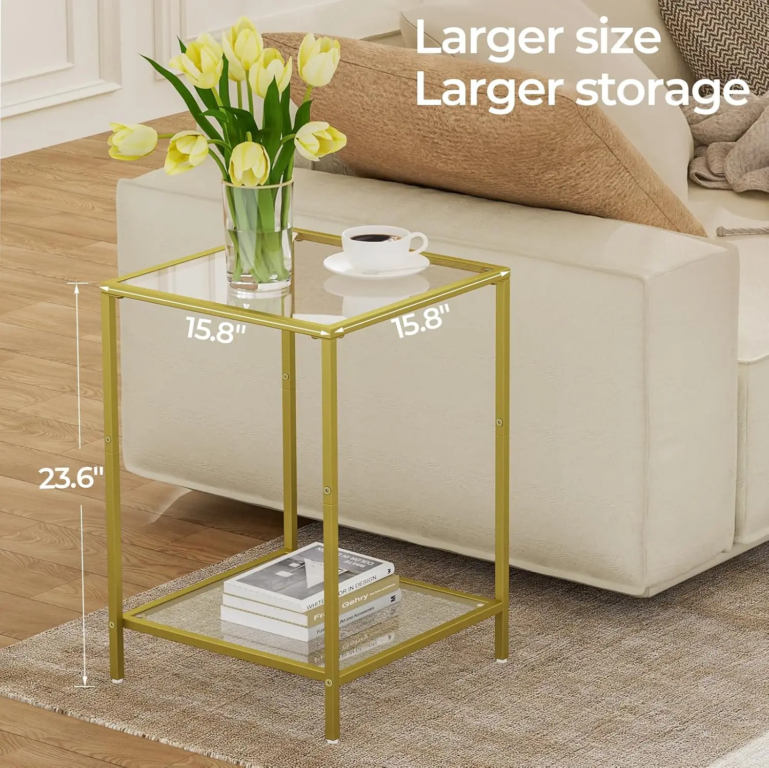 Side Tables Set Of 2, End Table With Tempered Glass, 2-Tier Nightstands With Storage Shelves, Coffee Table With Modern Style,