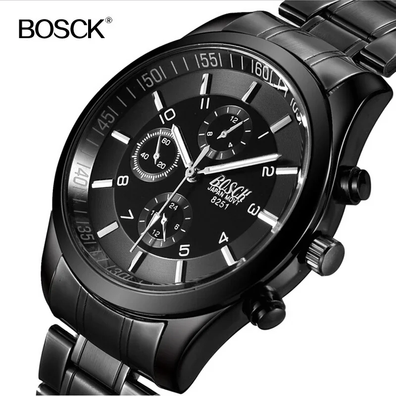 Bosck-reloj de cuarzo de acero inoxidable para hombre, cronógrafo de pulsera, resistente al agua, militar, Masculino