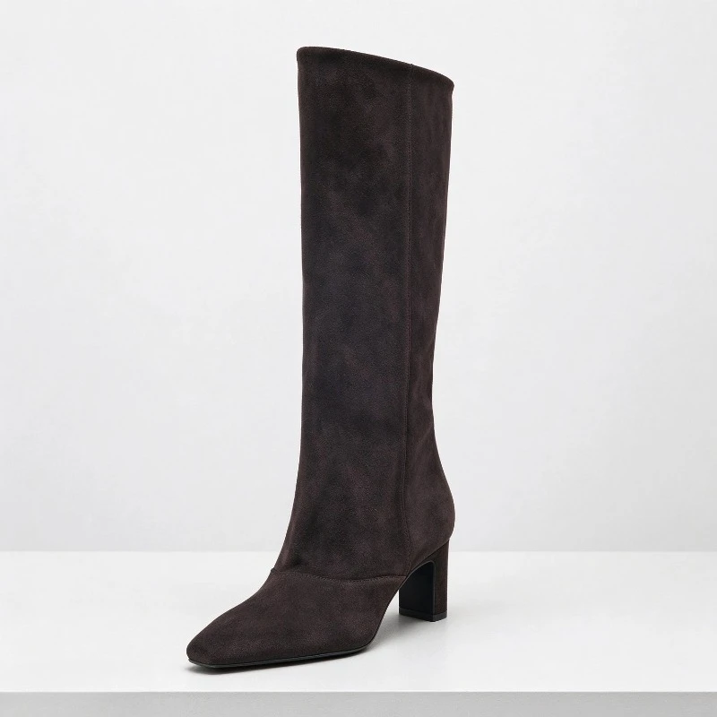 Retro Brown Faux Suede Heeled Boots Women Topstitching Detail Pointed-Toe Winter Long Boots Street-Style Bottes Femmes Tendances