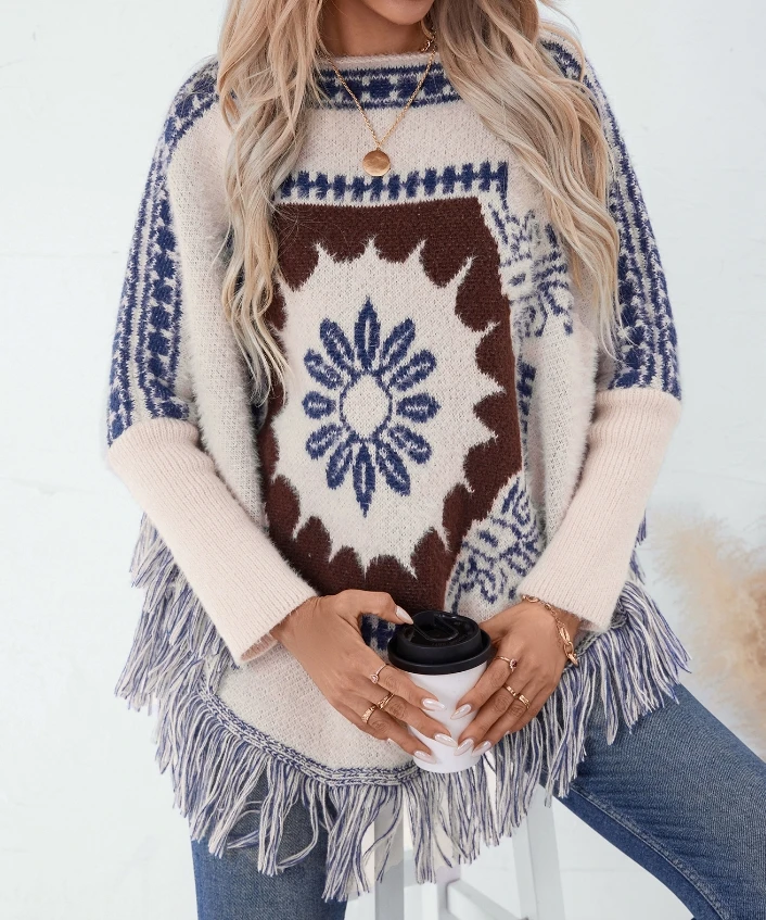 

Women's Cape Knitted Sweater Cape Autumn Casual Tribal Style Colorful Printed Patch Knitted Tassel Cape Sweater Shawl Jacket