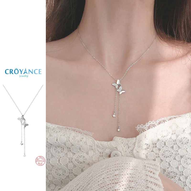 925 Sterling Silver Elegant Double Butterfly Zircon Long Pendant Necklace T Shirt Sweater Chain For Women Fashion Jewelry Gift