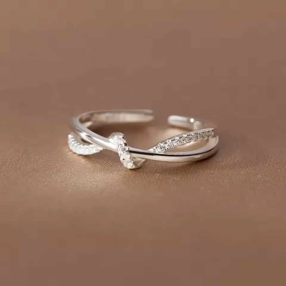 925 Sterling Silver Double Layered Zircon Woven Adjustable Rings For Women Engagement Wedding Gifts Luxury Wholesale Jewellery