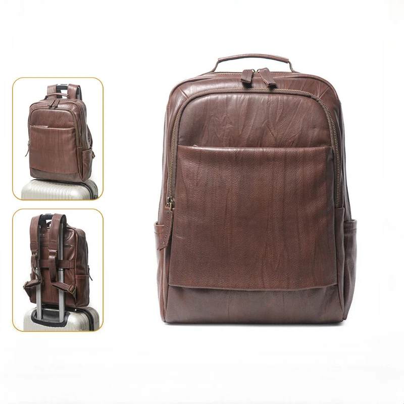 Genuine Leather Business 14 Inch Laptop Backpack, Genuine Cowhide Commuter Backpack Shoulder Bag, Carry-On Travel Knapsack