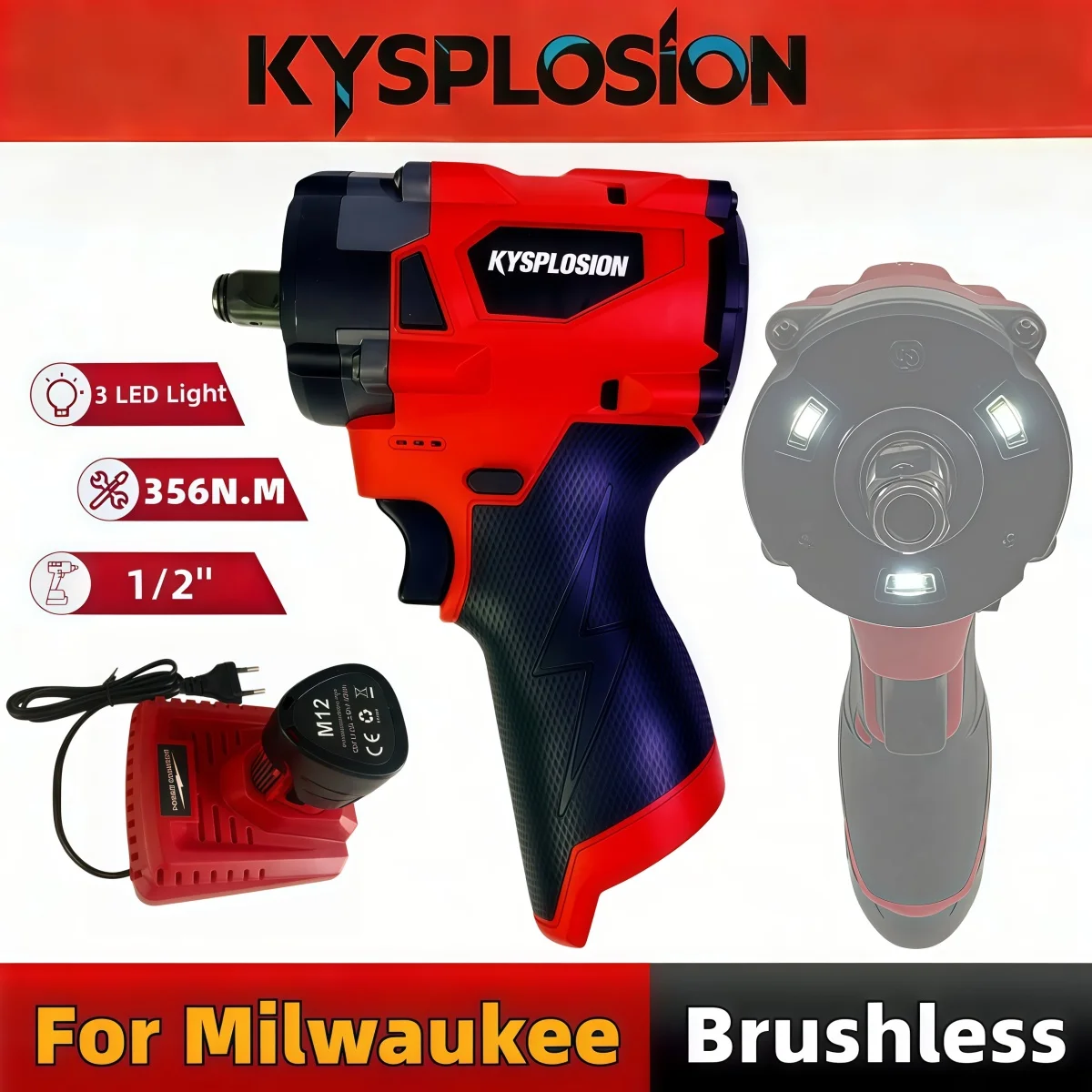 “12V Brushless Electric Impact Wrench Cordless Power Drill Driver for Milwaukee M12 Battery 356N.M 1/2" 3 LED Ligh