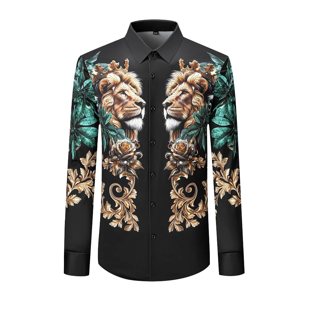 

Роскошная брендовая мужская рубашка со стразами, повседневная рубашка с длинным рукавом и принтом тигра, деловая классическая рубашка для вечеринки, банкета, уличная одежда