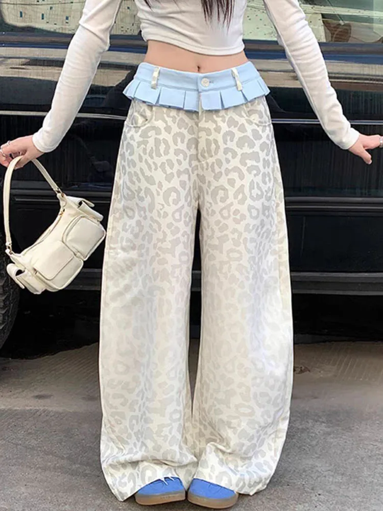 Vintage Patchwork Baggy Leopard Pants Women Y2K Streetwear High Waist Wide Leg Jeans American Harajuku Fashion Female Trousers