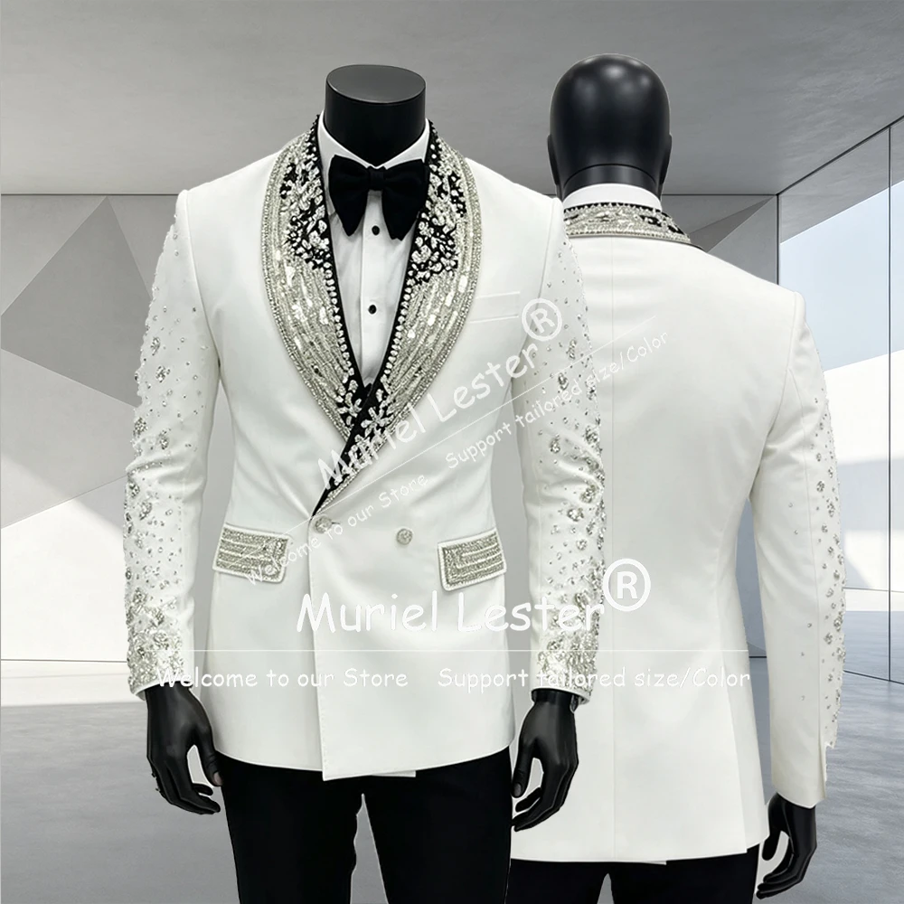 Shiny Beaded Ornament Tuxedos Men's Suit Double Breasted Wedding Groom Wear Male Prom Blazer 2 Pieces Sets trajes para hombre