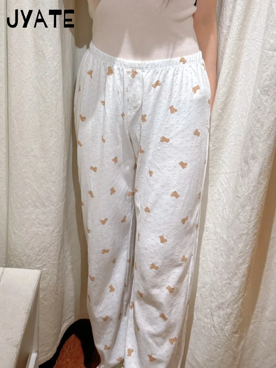 Cute Heart Little Bear Print Long Pants Women Summer New Cotton Soft Casual Elastic Waist Pant Sweet Vintage Chic Trousers Y2K