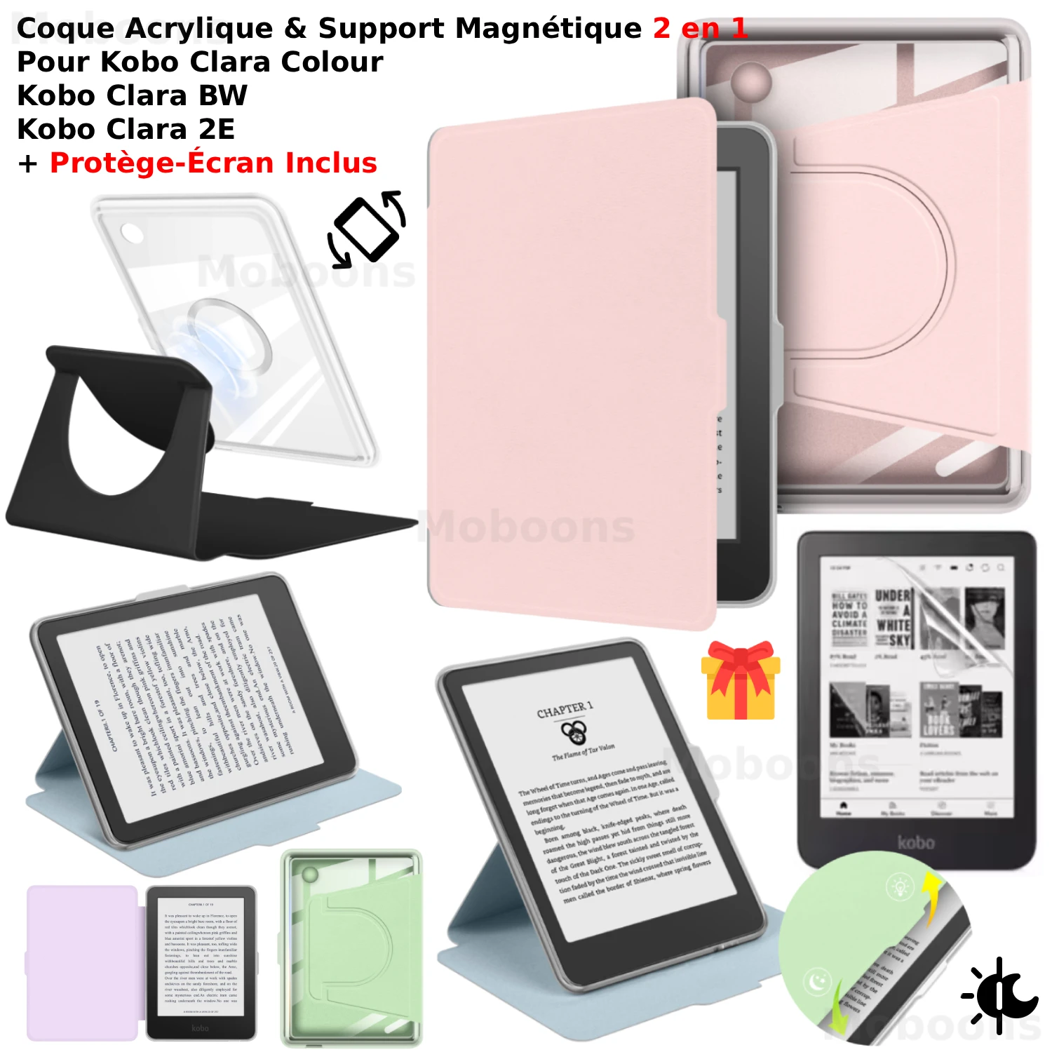 Pour Kobo Clara Color/BW/2E étui + protecteur d'écran 360 °   Housse de nuit rotative 2 en 1, support magnétique détachable en cuir PU acrylique