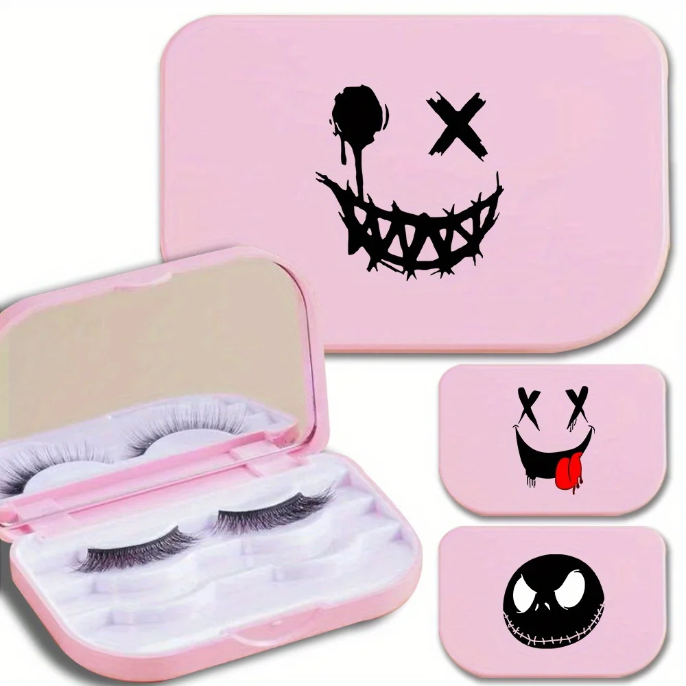

Ladies Eyelashes Organizer Case Durable False Eyelash Storage Box Travel Accessories with Mirror 3 Layer Halloween Smile Pattern