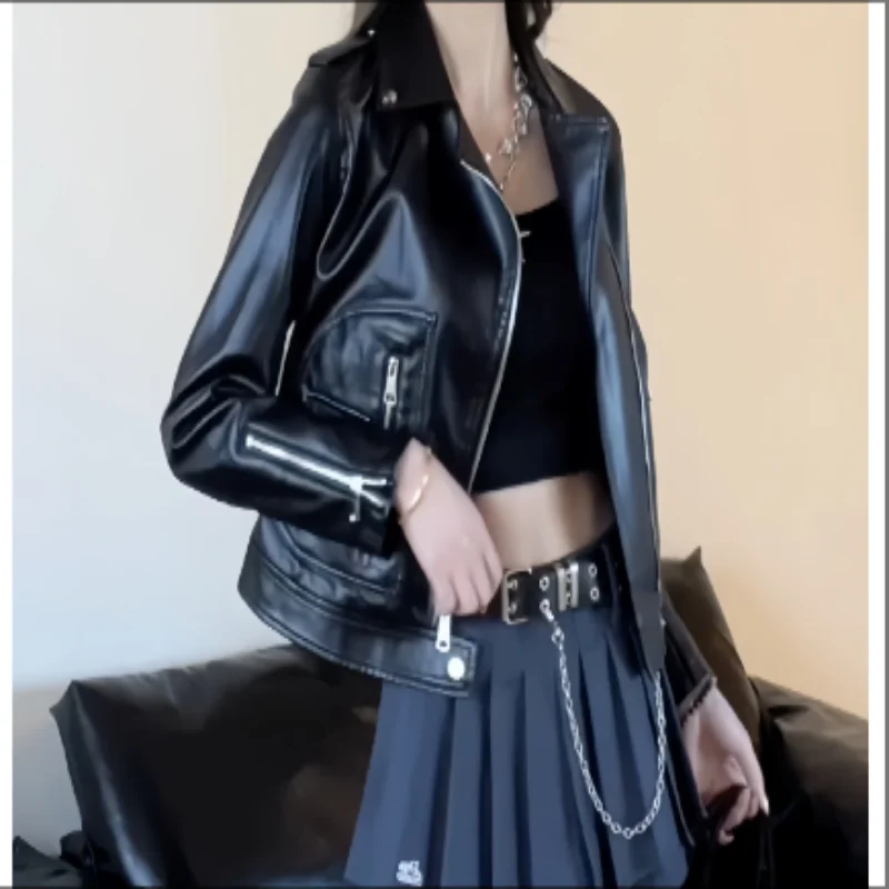 

Motorcycle Wind PU Leather Lapel Zipper Slim Short Leather Coat Women's Autumn