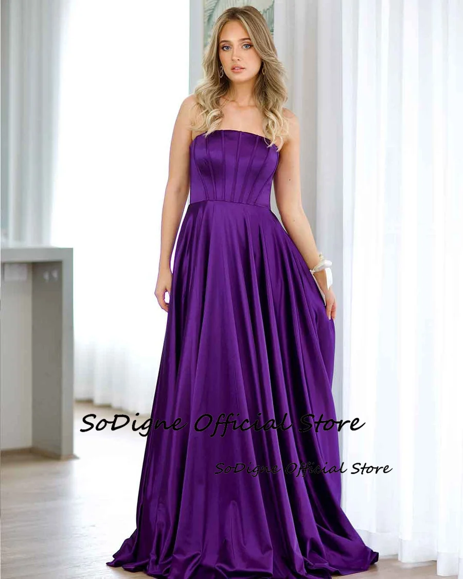 SoDigne Elegant A-line Bridesmaid Dresses Strapless Sleeveless Satin Prom Gowns for Women Long Wedding Gust Dress Customized