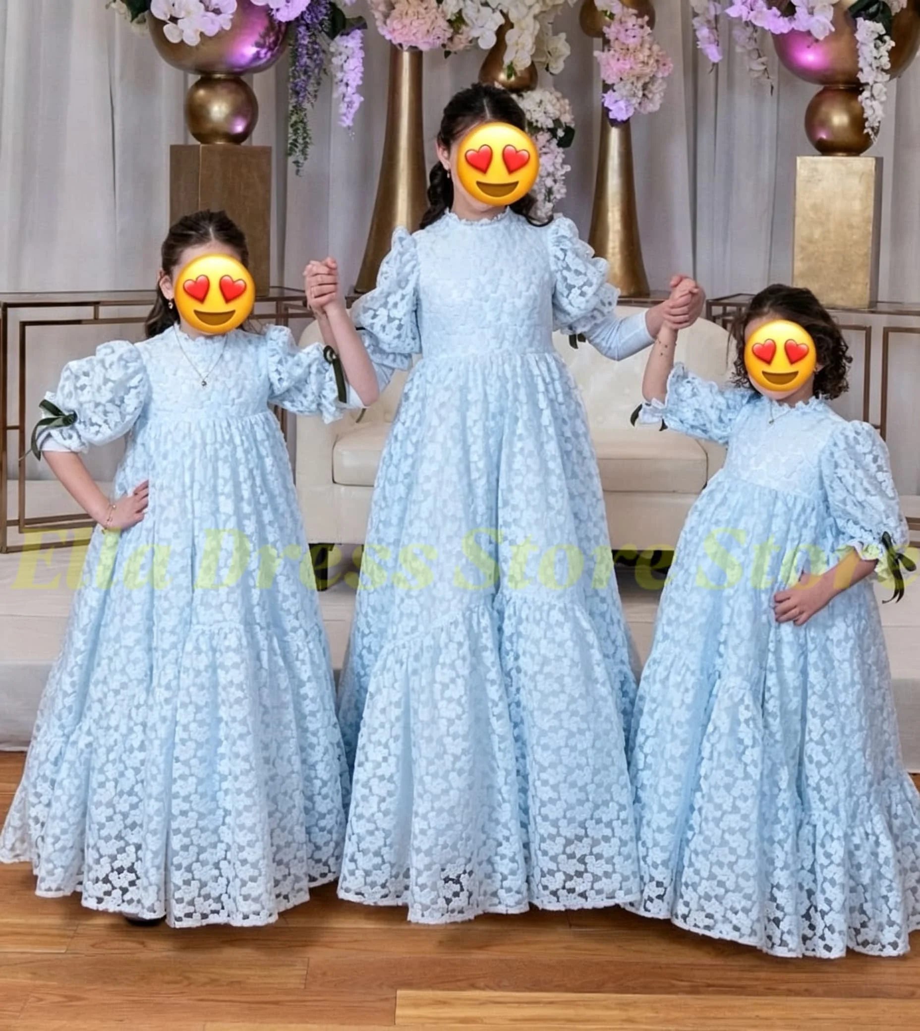 Blumenmädchenkleid Weiß mit Ballonärmeln, Blumenmädchenkleider für Hochzeiten, Ausgeschnittene Spitze, Langes Prinzessinnenkleid für Kinder, Festkleid für Mädchen – Detail 1