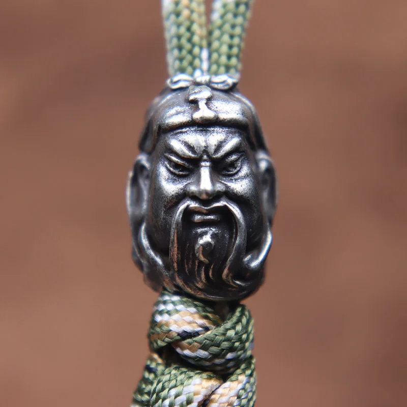 Brass Chinese God Of Wealth Guan Gong Head Sculpture Knife Beads DIY Paracord Handmade Woven Lanyard Pendant Jewelry Accessories